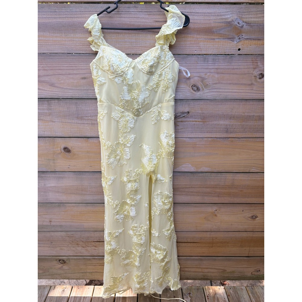 Fashion Yellow Floral Embroidered Maxi Dress Corset Back Ruffle Slit Prom Gown